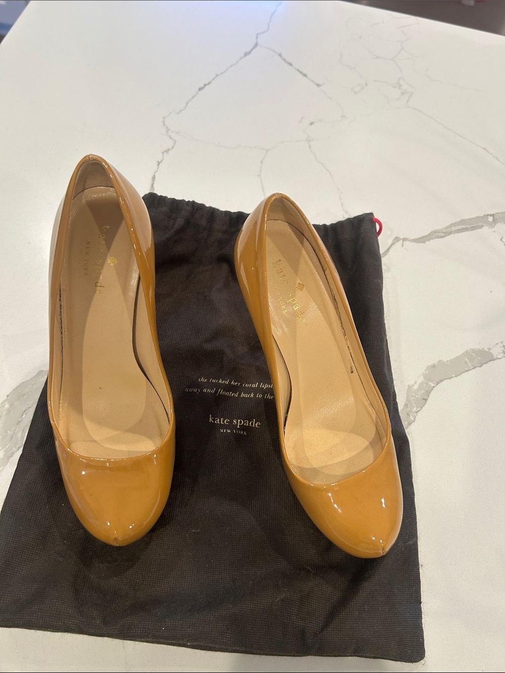 kate spade glossy patent leather pumps in camel